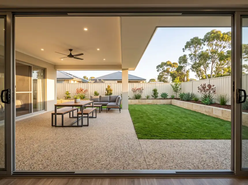 Alfresco paving and lawn on a Mandurah new build viewed from inside