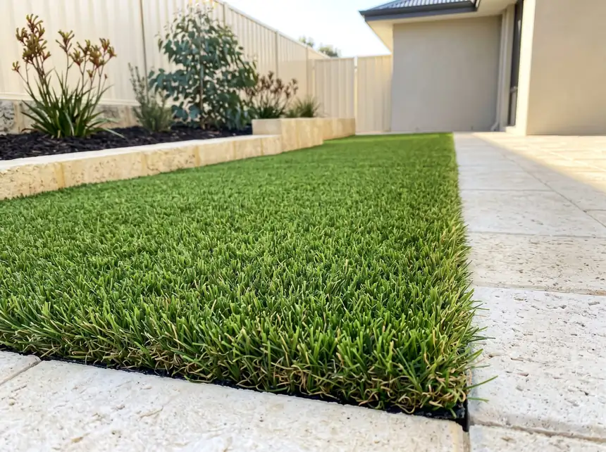 Artificial grass Mandurah — fixed edge and seam detail against limestone paving