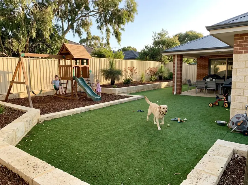 Artificial turf kids play area and dog run with limestone edging in Mandurah