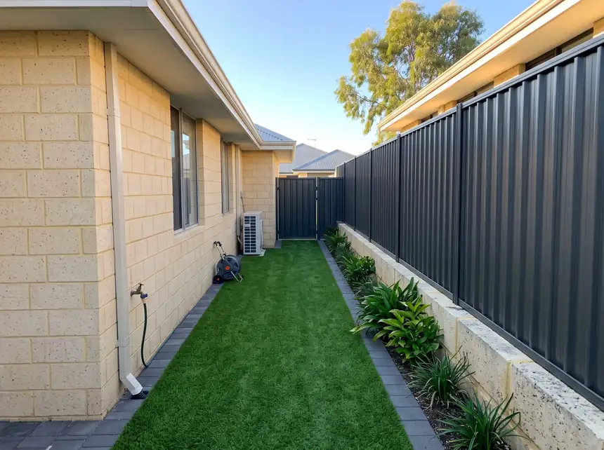 Artificial turf side strip on a narrow estate block