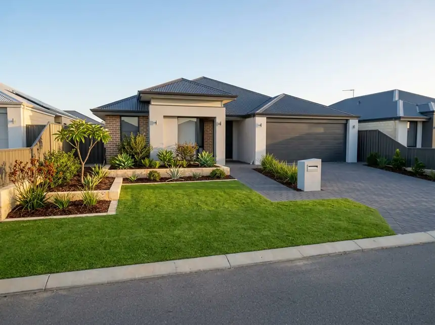 Completed front yard landscaping on a new build in Lakelands with lawn, limestone and paving