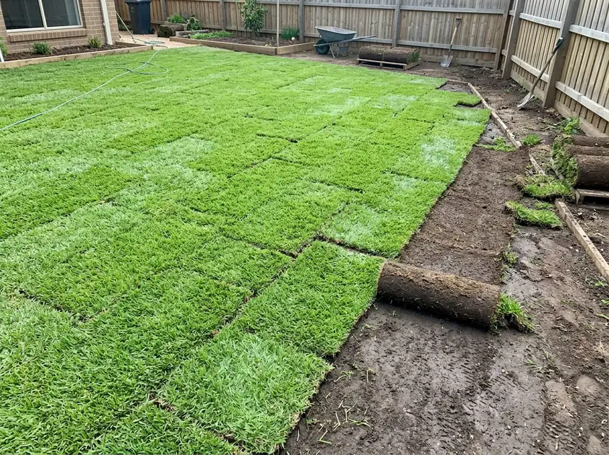 Natural lawn installation in Mandurah with turf rolls being laid